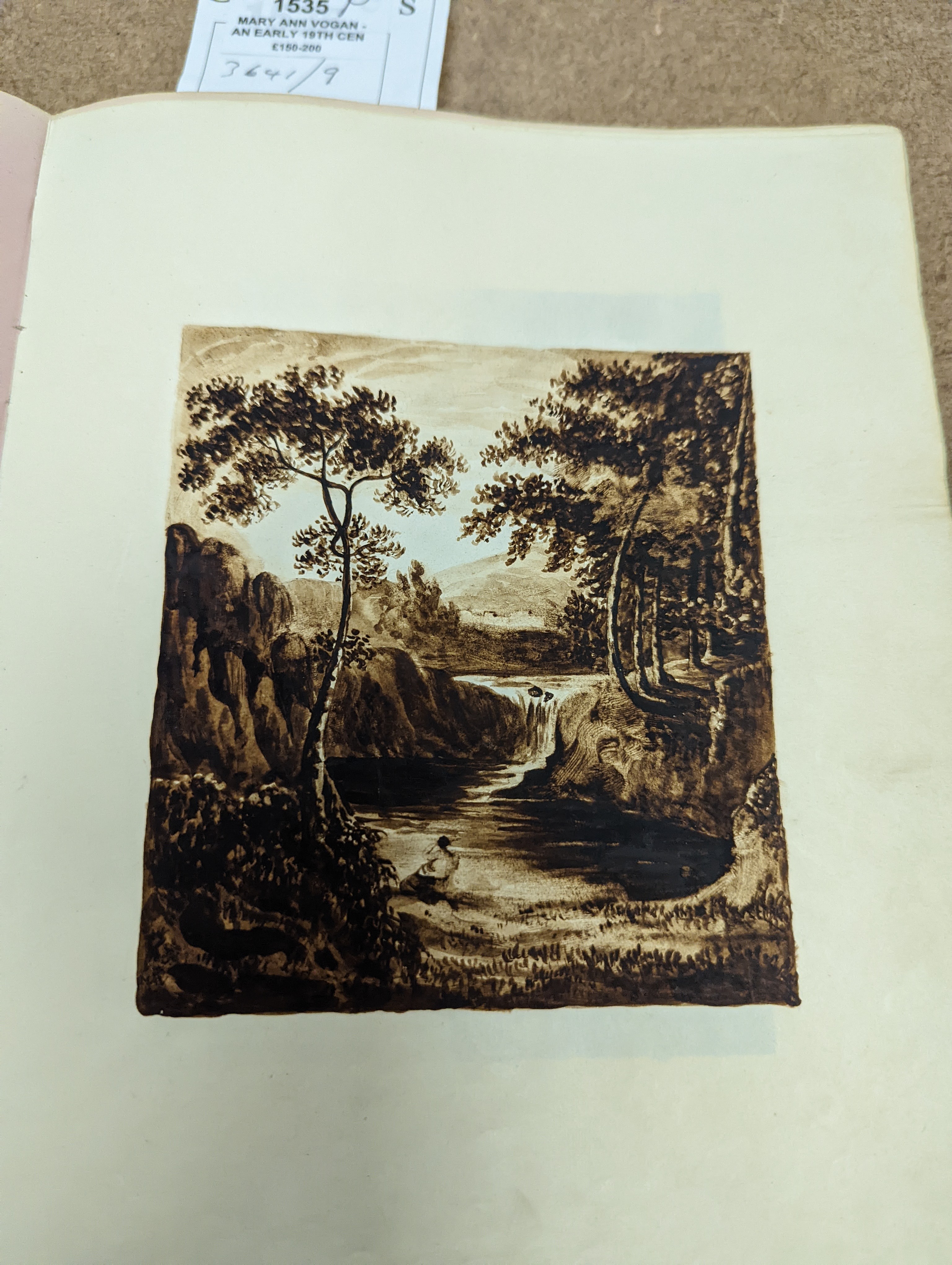Mary Ann Vogan - an early 19th century album of 60 watercolours, pencil and ink drawings and engravings, including portraits, botanical specimens, land and seascapes, including 3 by R.C. Vogan, the front fly leaf inscrib